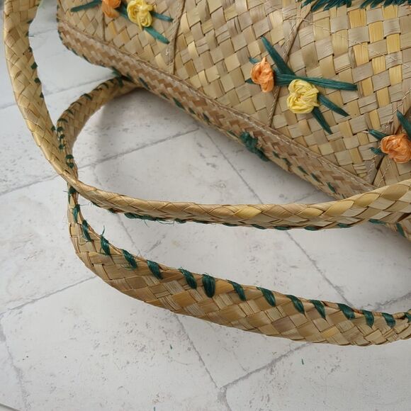 Vintage Large Woven Straw Raffia Bag Tote 1960s MCM Beach Floral - Picture 14 of 16